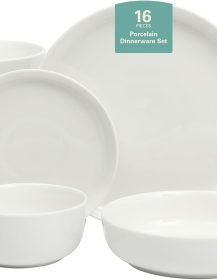 Gibson Home Oslo Porcelain Chip and Scratch Resistant Dinnerware Set, Service for 4 (16pcs), Plates and Bowls Dishes Sets, White