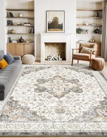 Marsail 8x10 Machine Washable Area Rug, Soft & Slip-Resistant Large Area Rug with Reinforced Bound Edges, Vintage Short-Pile Washable Rug with Floral Pattern for Living Room, Dinning Room and Bedroom